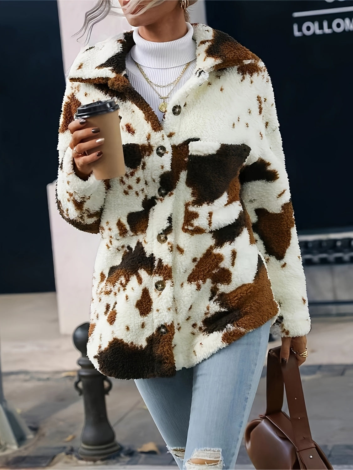 cow print collared neck button up fuzzy jacket