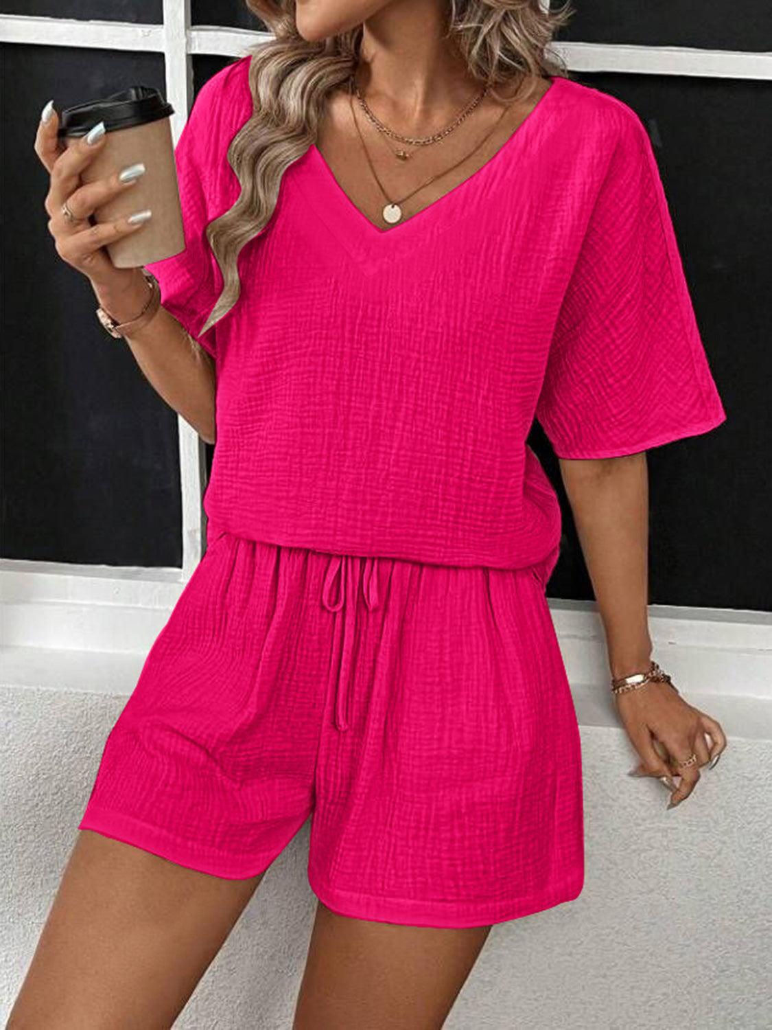 v-neck half sleeve top and shorts set
