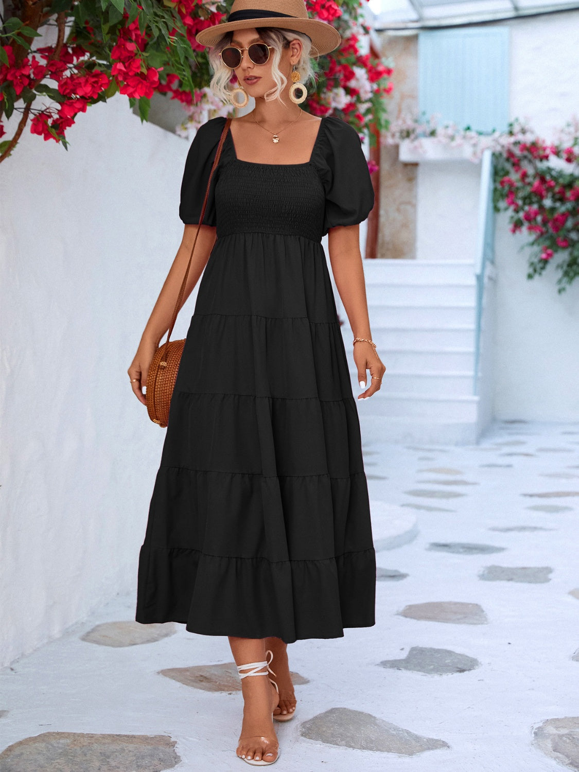 tiered smocked short sleeve dress