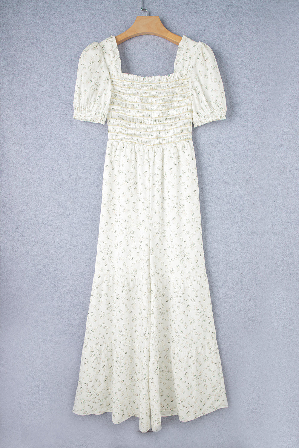 white boho floral smocked wide leg short puff sleeve jumpsuit