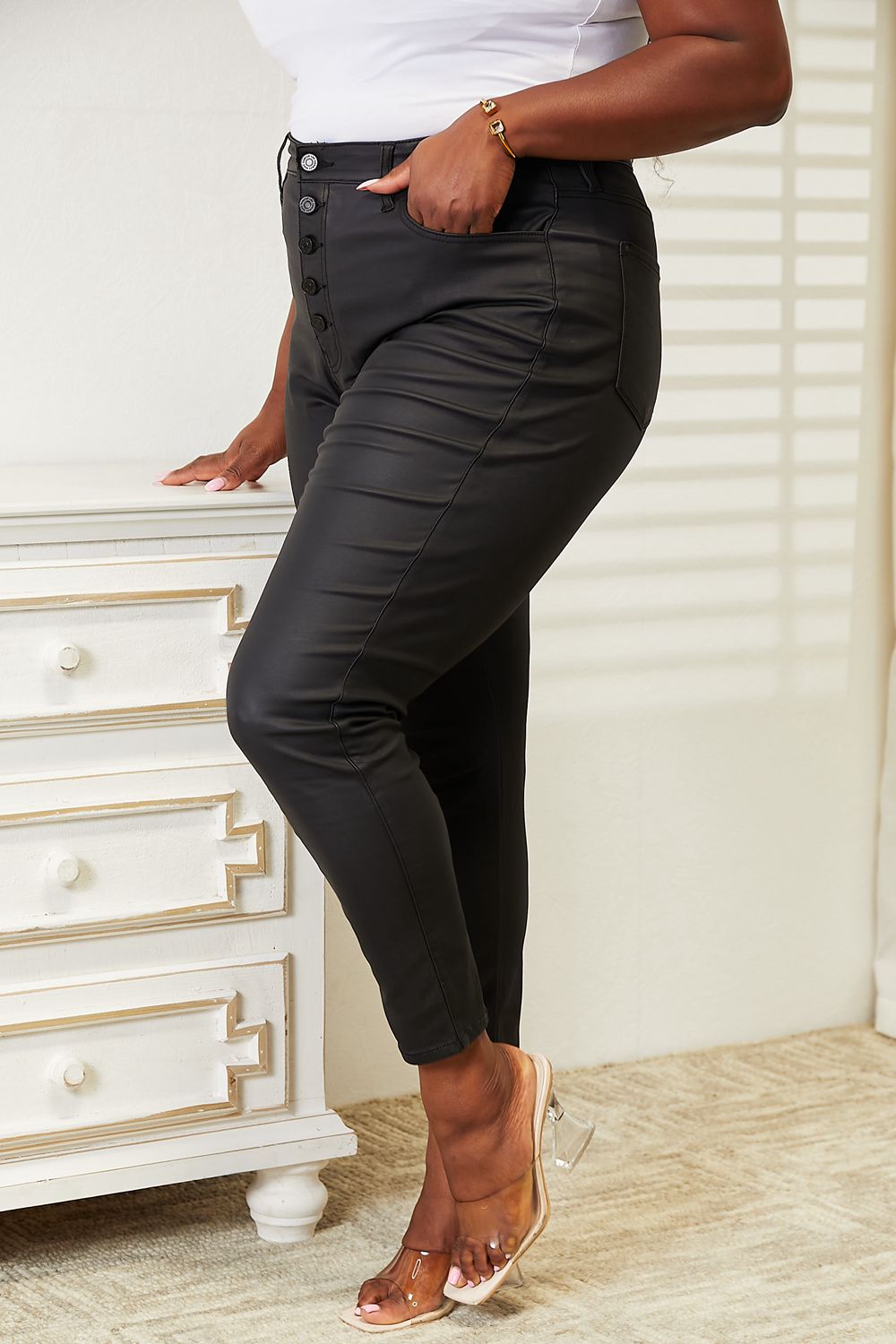 kancan full size high rise black coated ankle skinny jeans