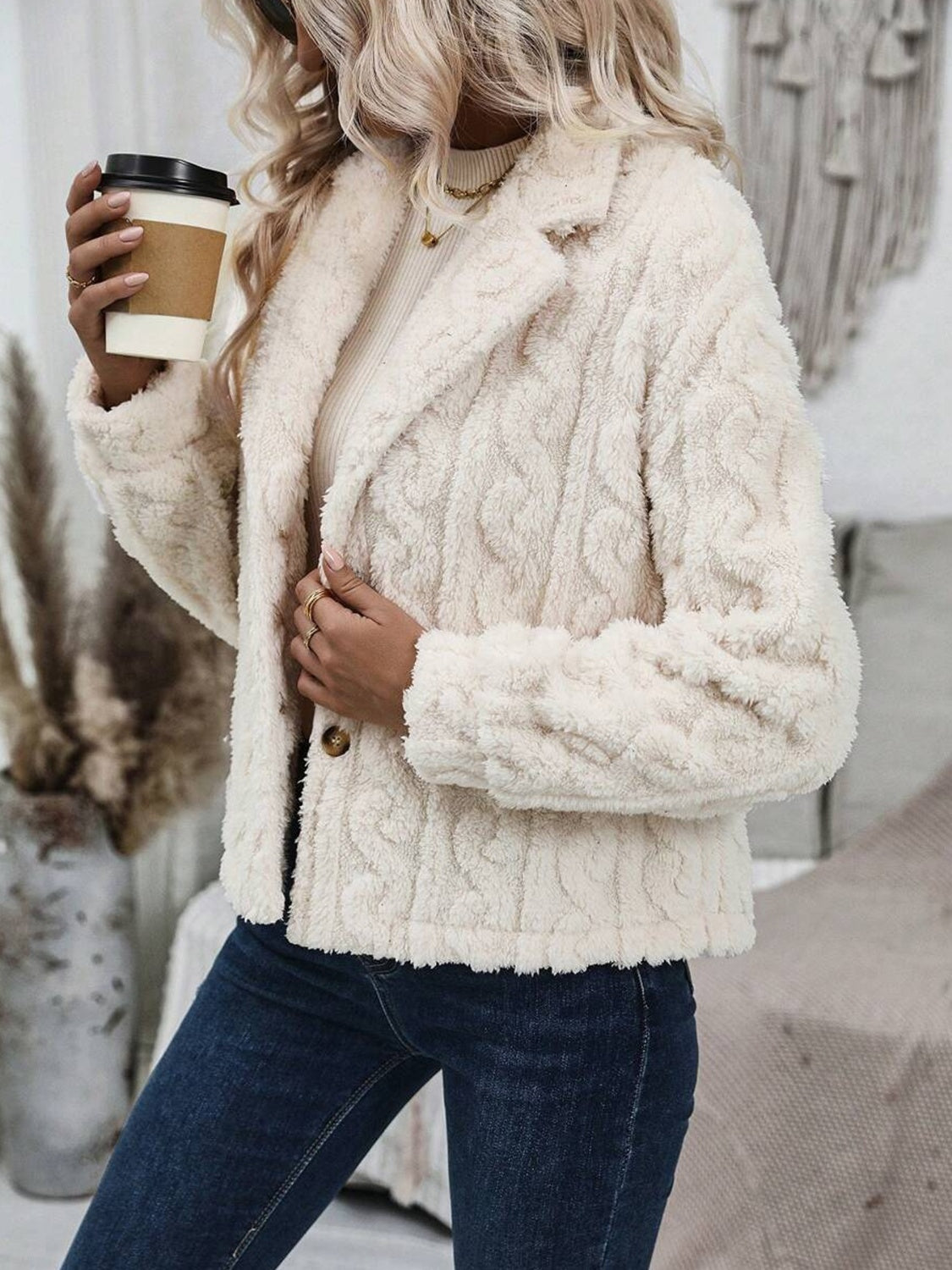 fuzzy button up collared neck jacket