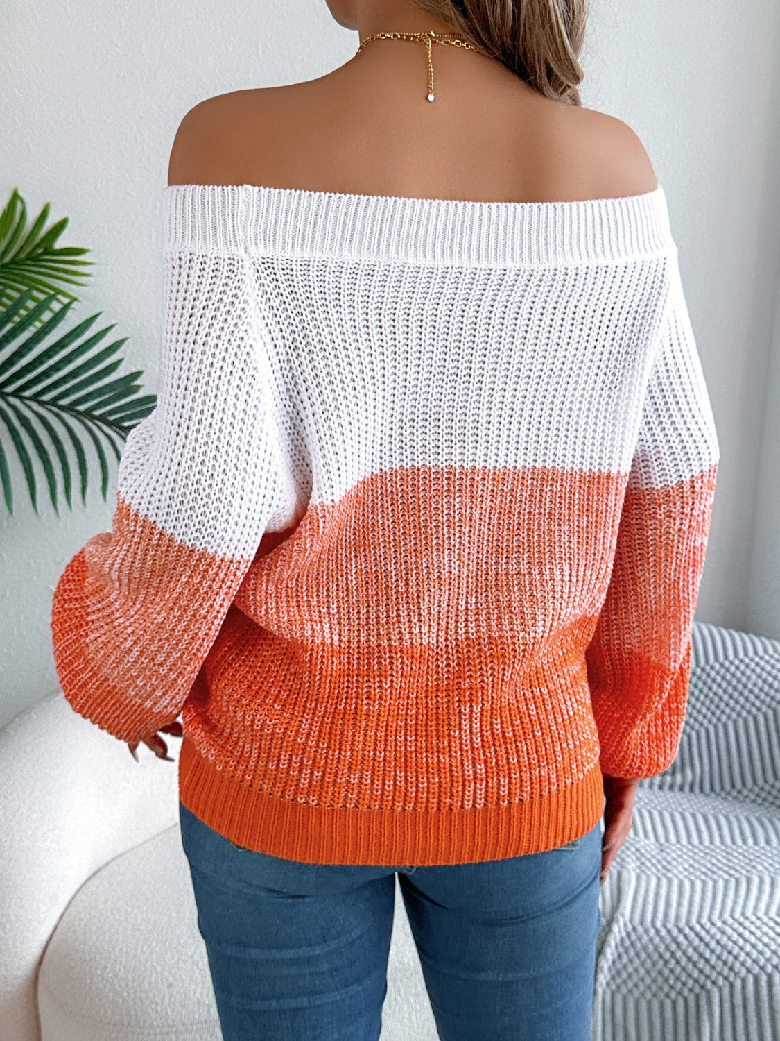color block off-shoulder long sleeve sweater