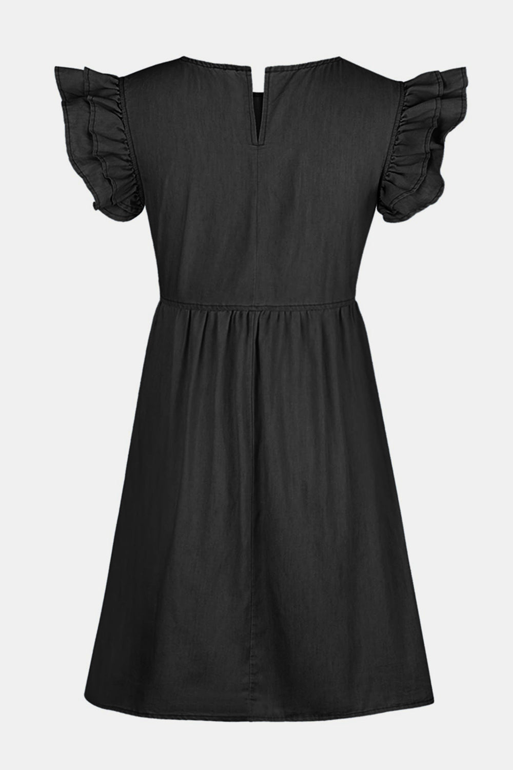 full size ruffled round neck cap sleeve denim dress