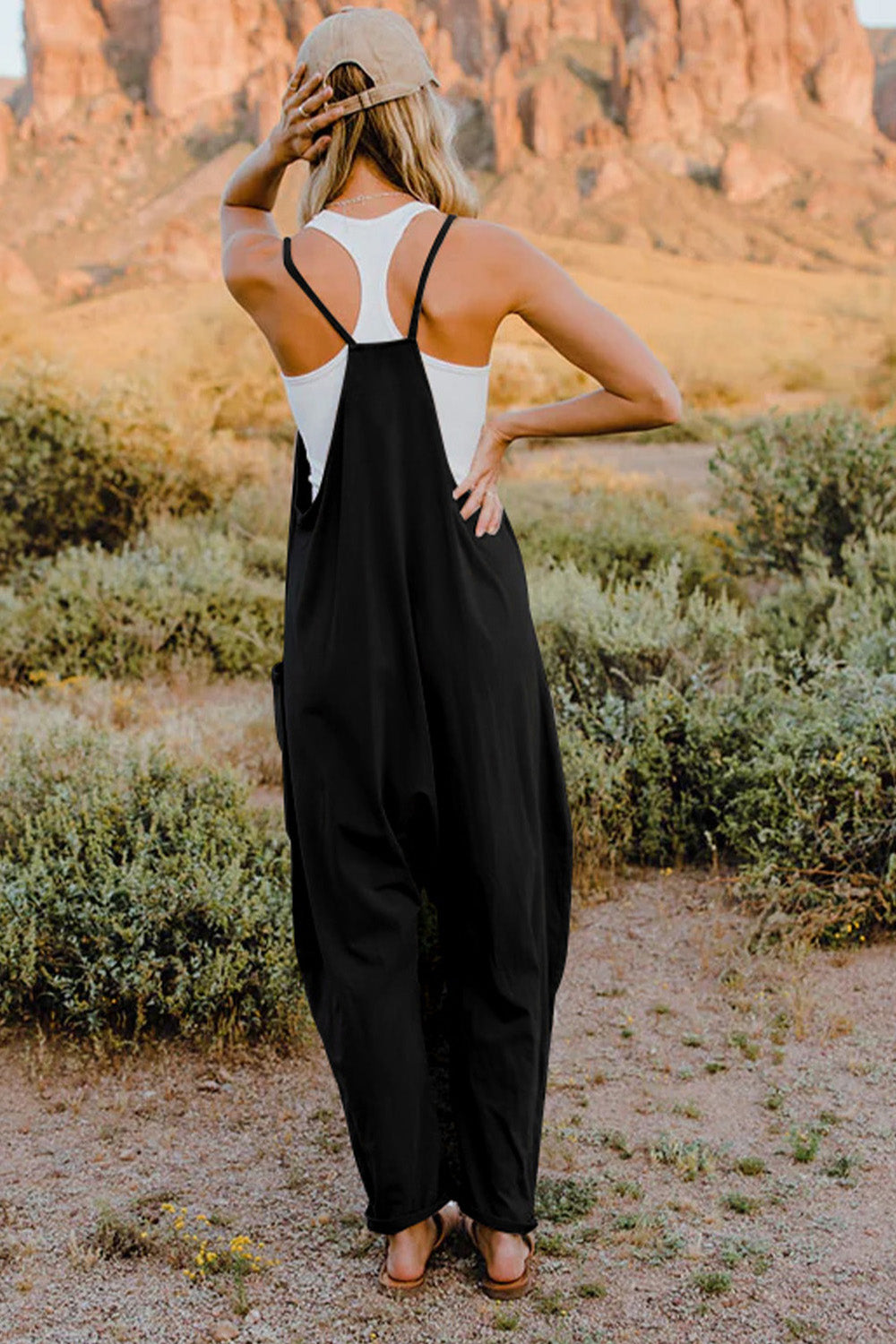 double take full size v-neck sleeveless jumpsuit with pockets