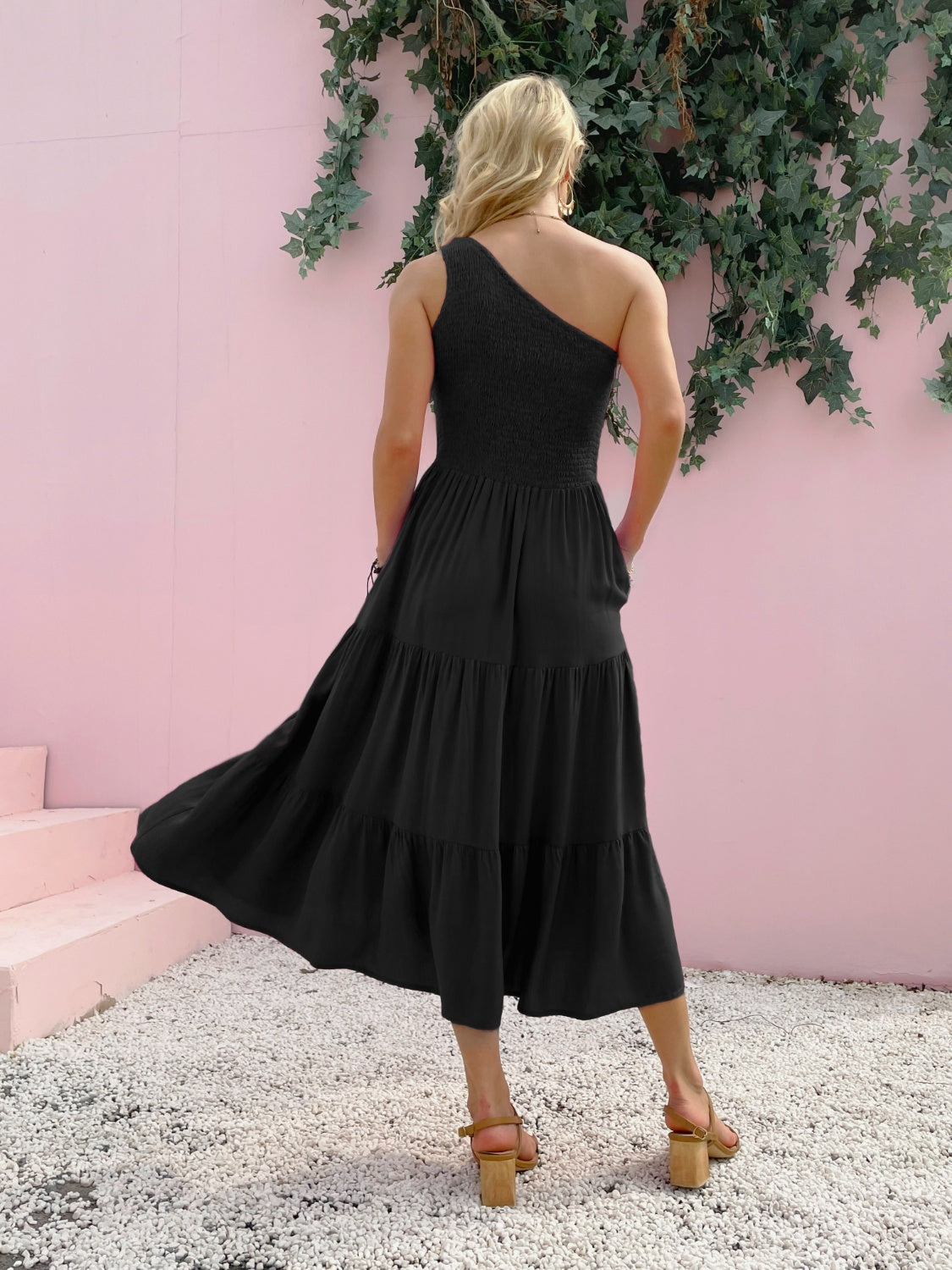 smocked single shoulder sleeveless dress