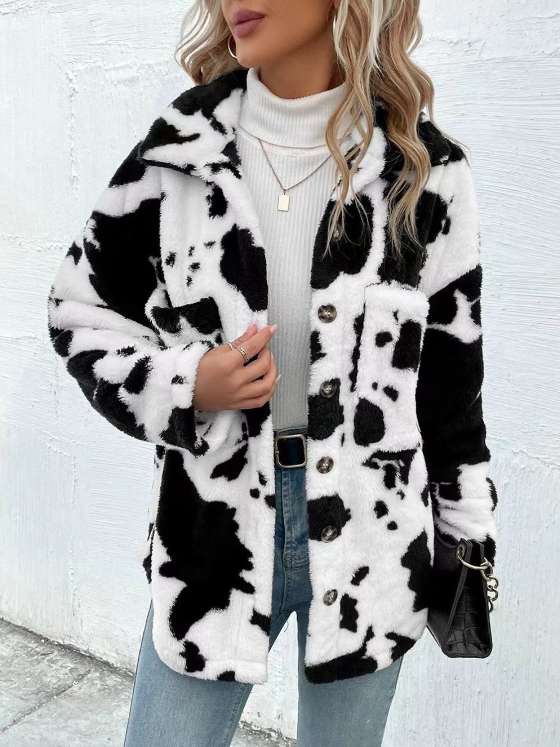 cow print collared neck button up fuzzy jacket