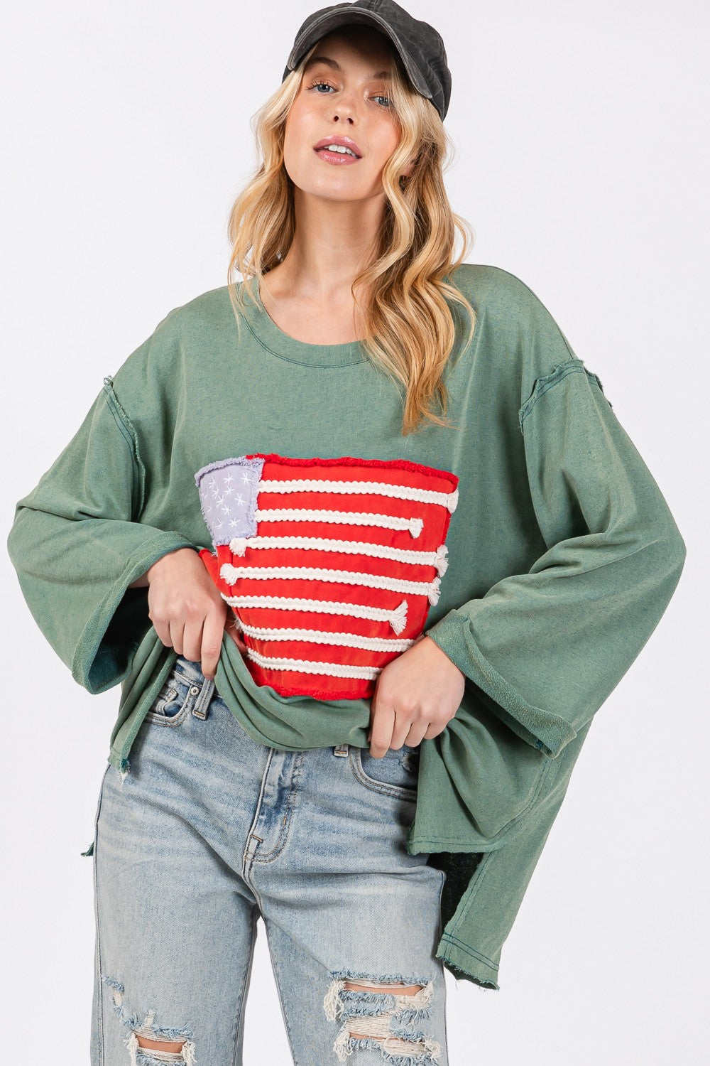 sage + fig full size american flag patch drop shoulder t-shirt