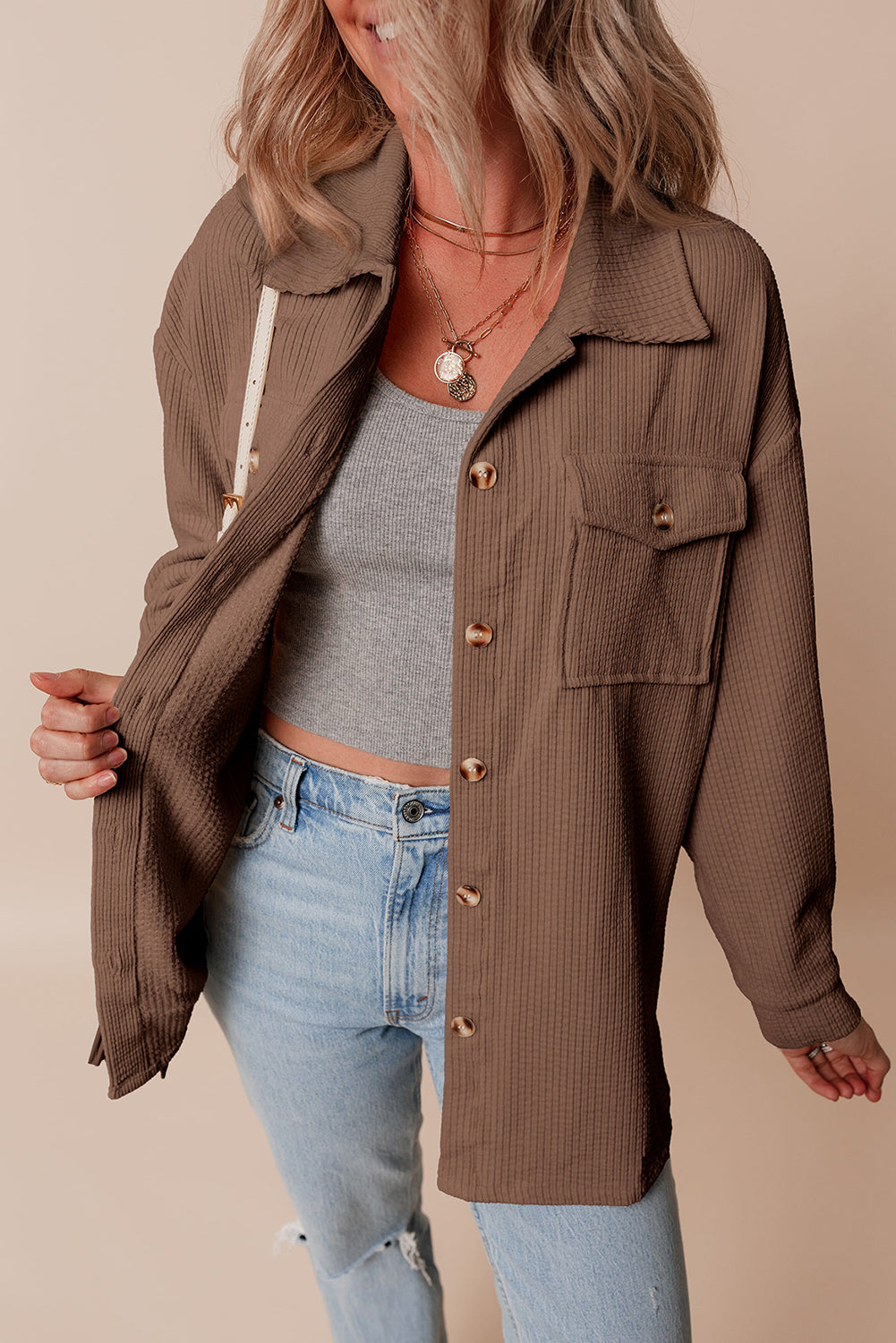 chestnut corduroy flap pocket button up shacket
