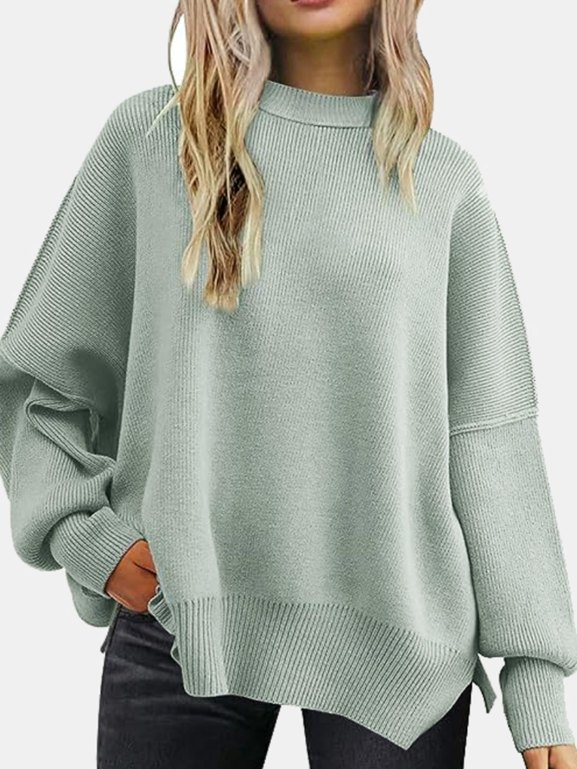 round neck drop shoulder slit sweater