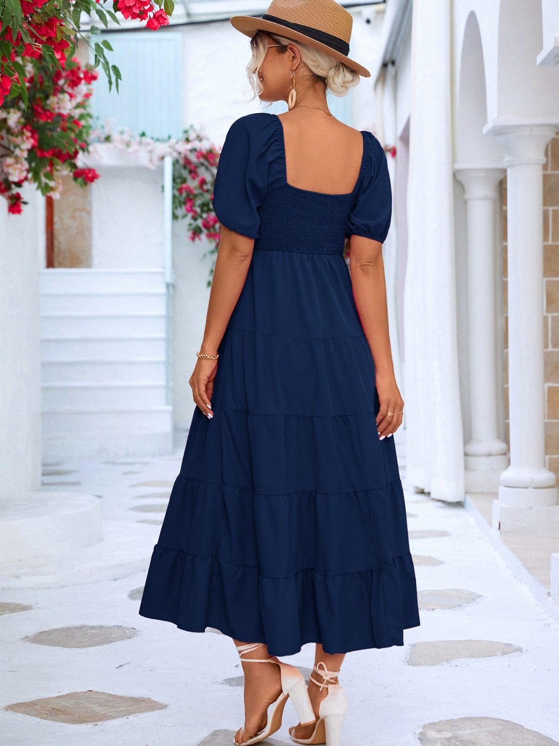 tiered smocked short sleeve dress