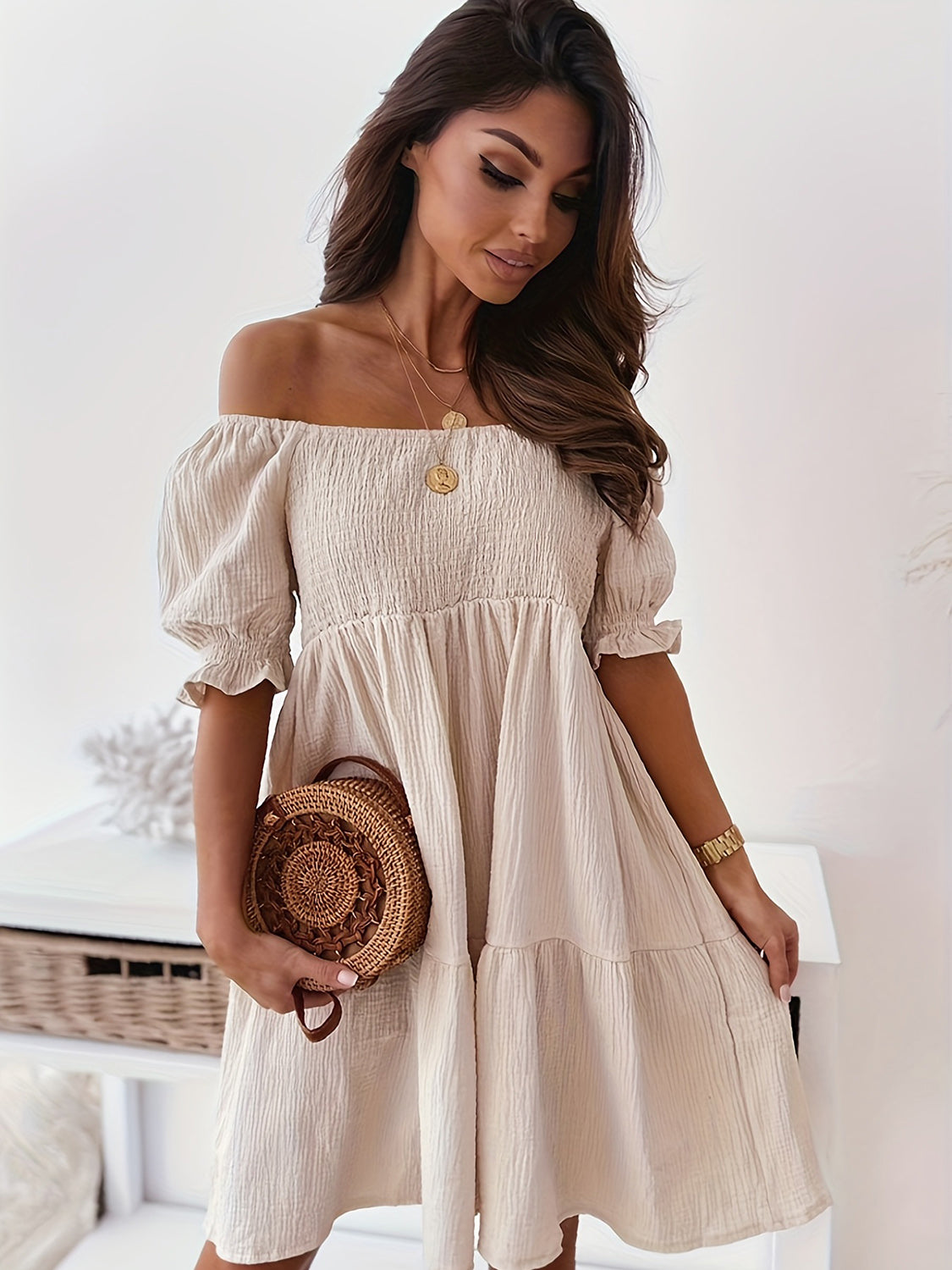 full size ruffled off-shoulder short sleeve dress