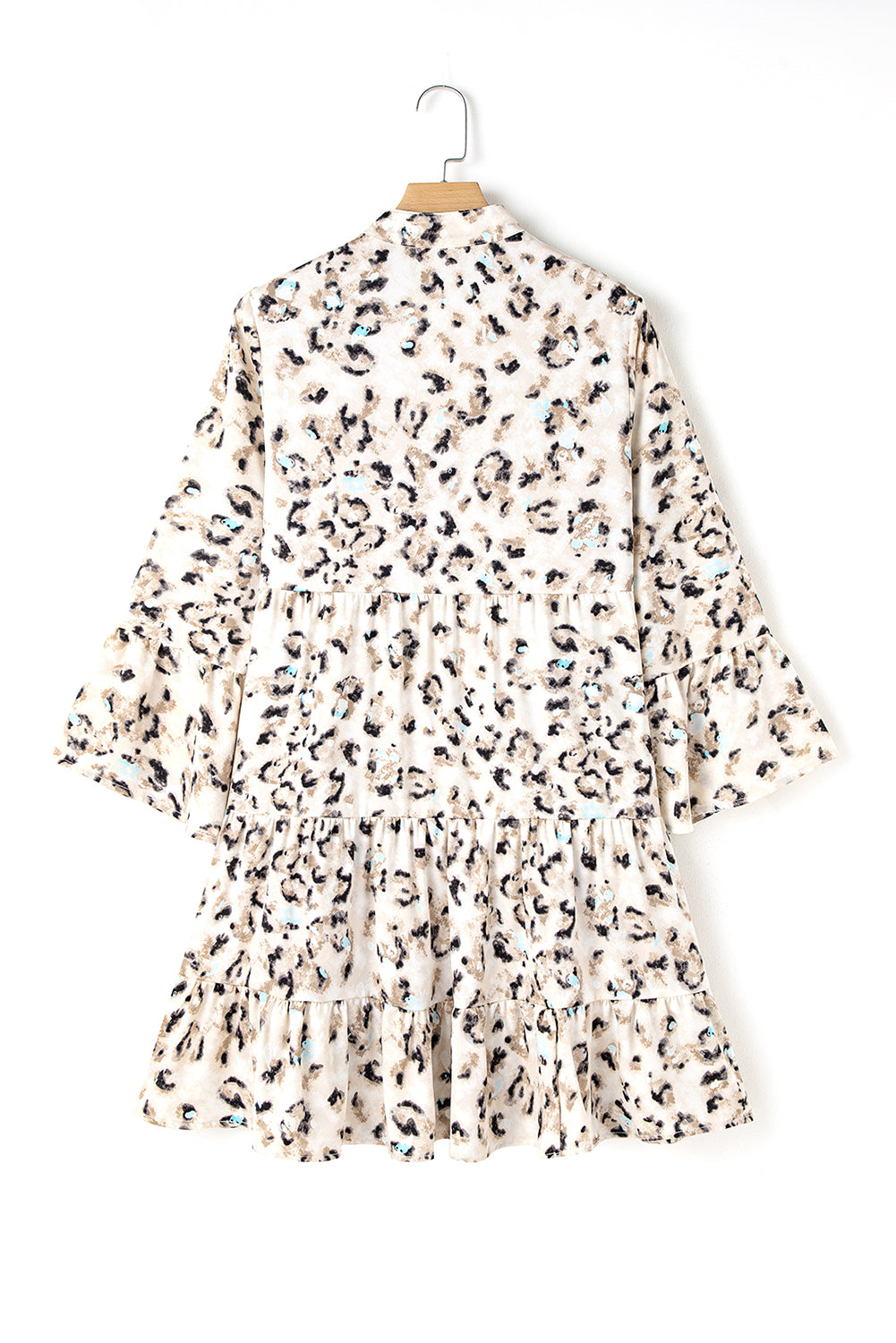 khaki leopard print buttoned front 3/4 sleeve tiered ruffled hem dress