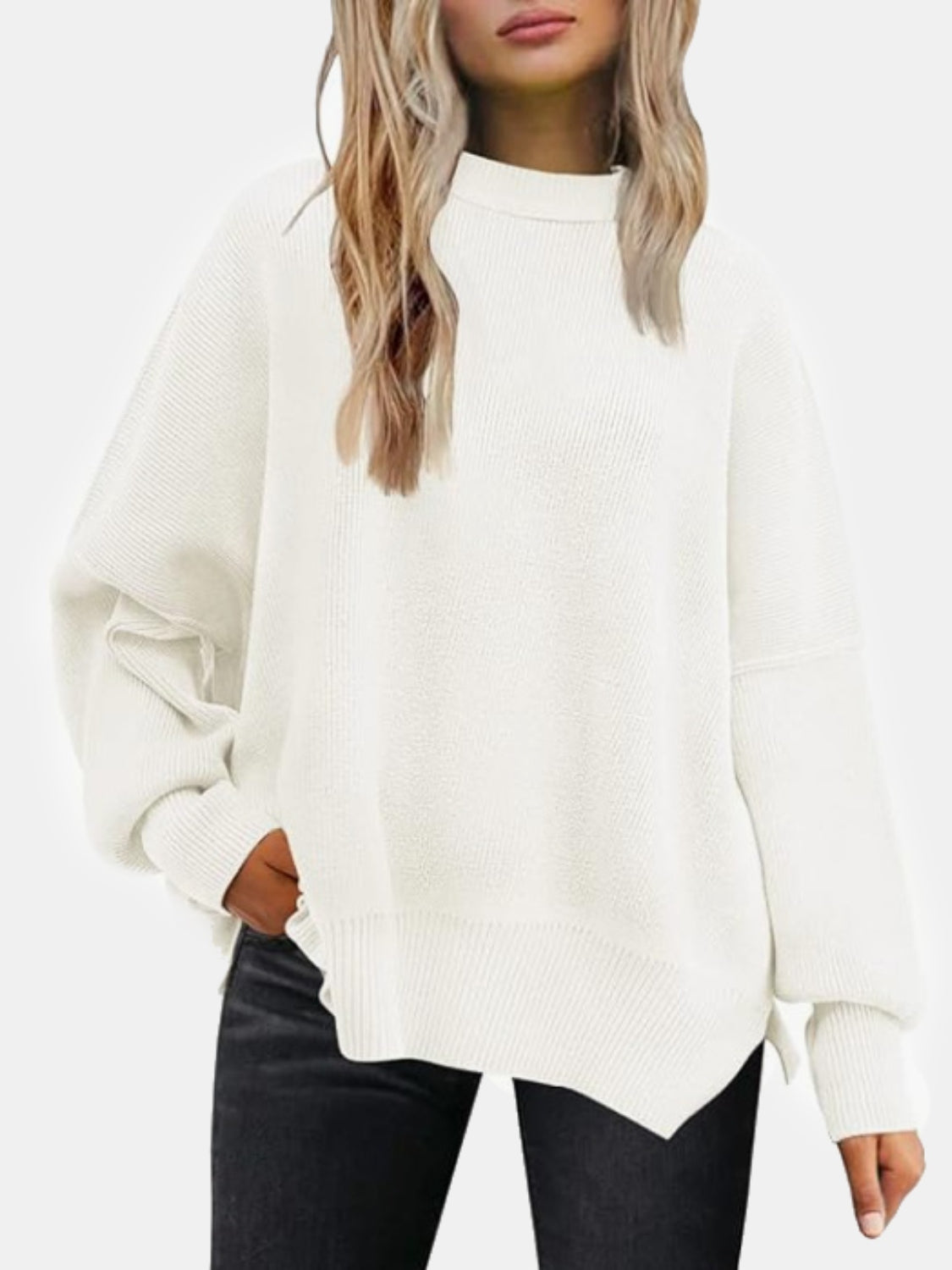 round neck drop shoulder slit sweater