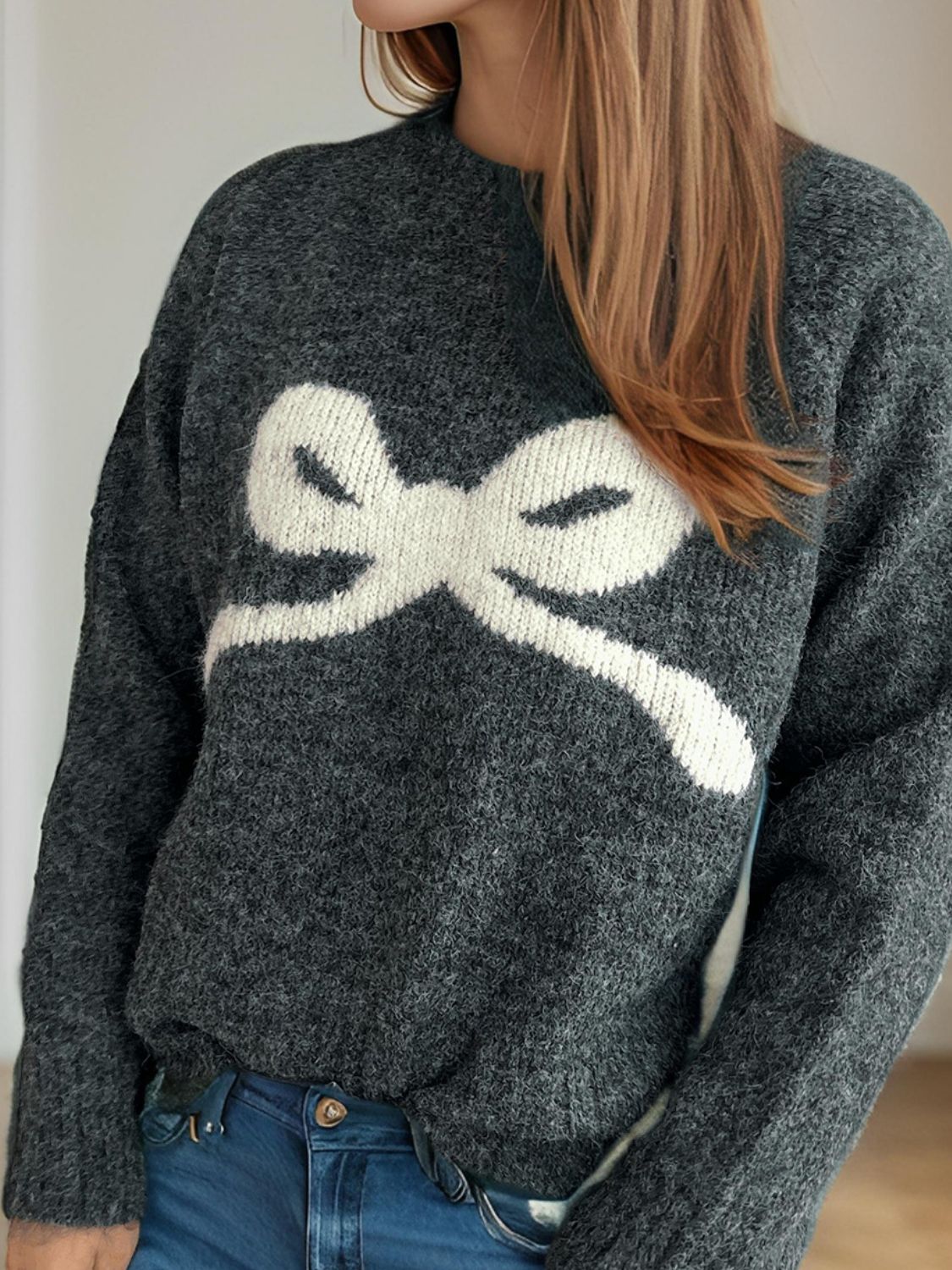 bow round neck long sleeve sweater