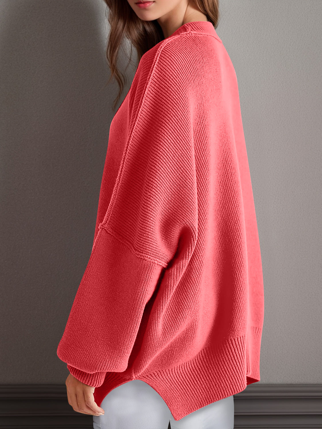 double take side slit round neck long sleeve sweater