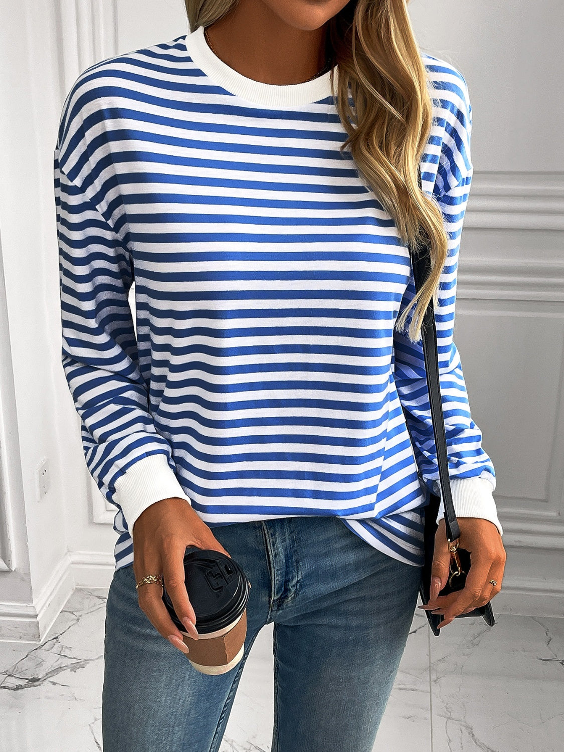 ivy lane striped round neck long sleeve sweatshirt