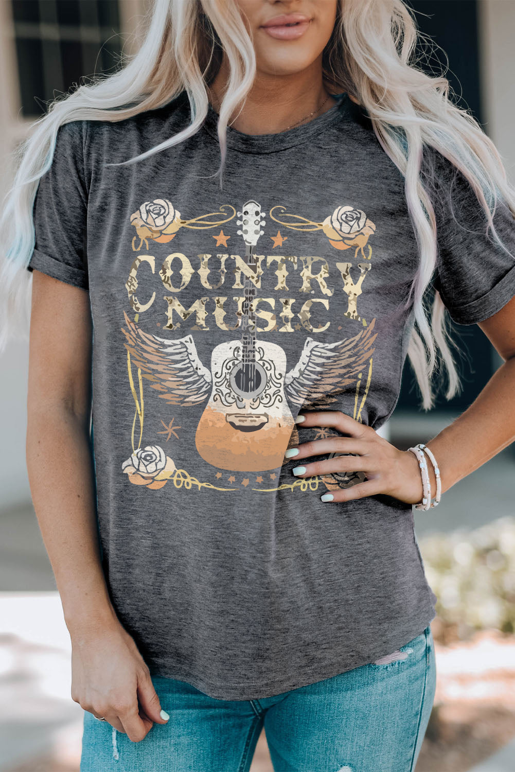 gray country music guitar graphic print crew neck t shirt