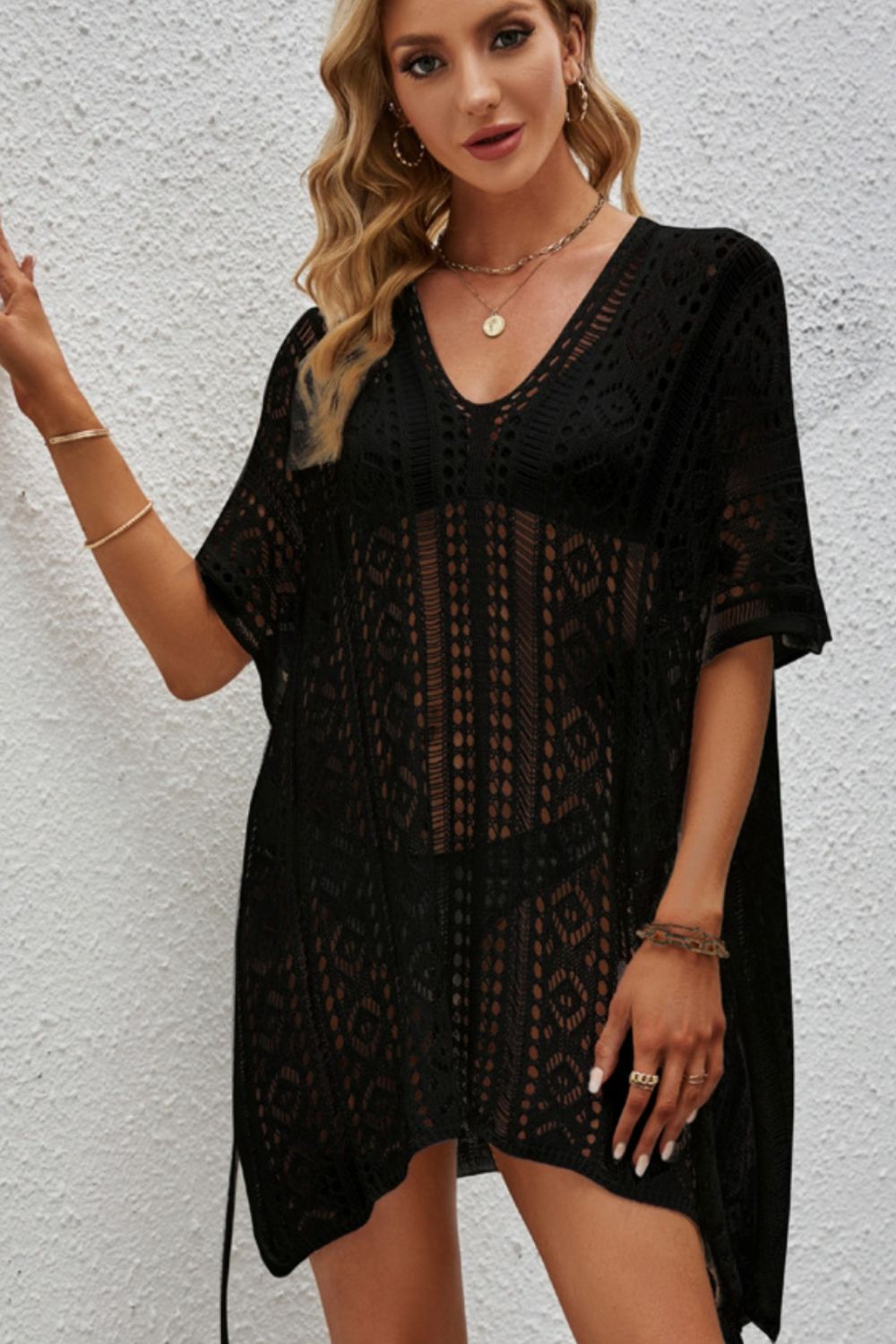 openwork v-neck short sleeve cover up