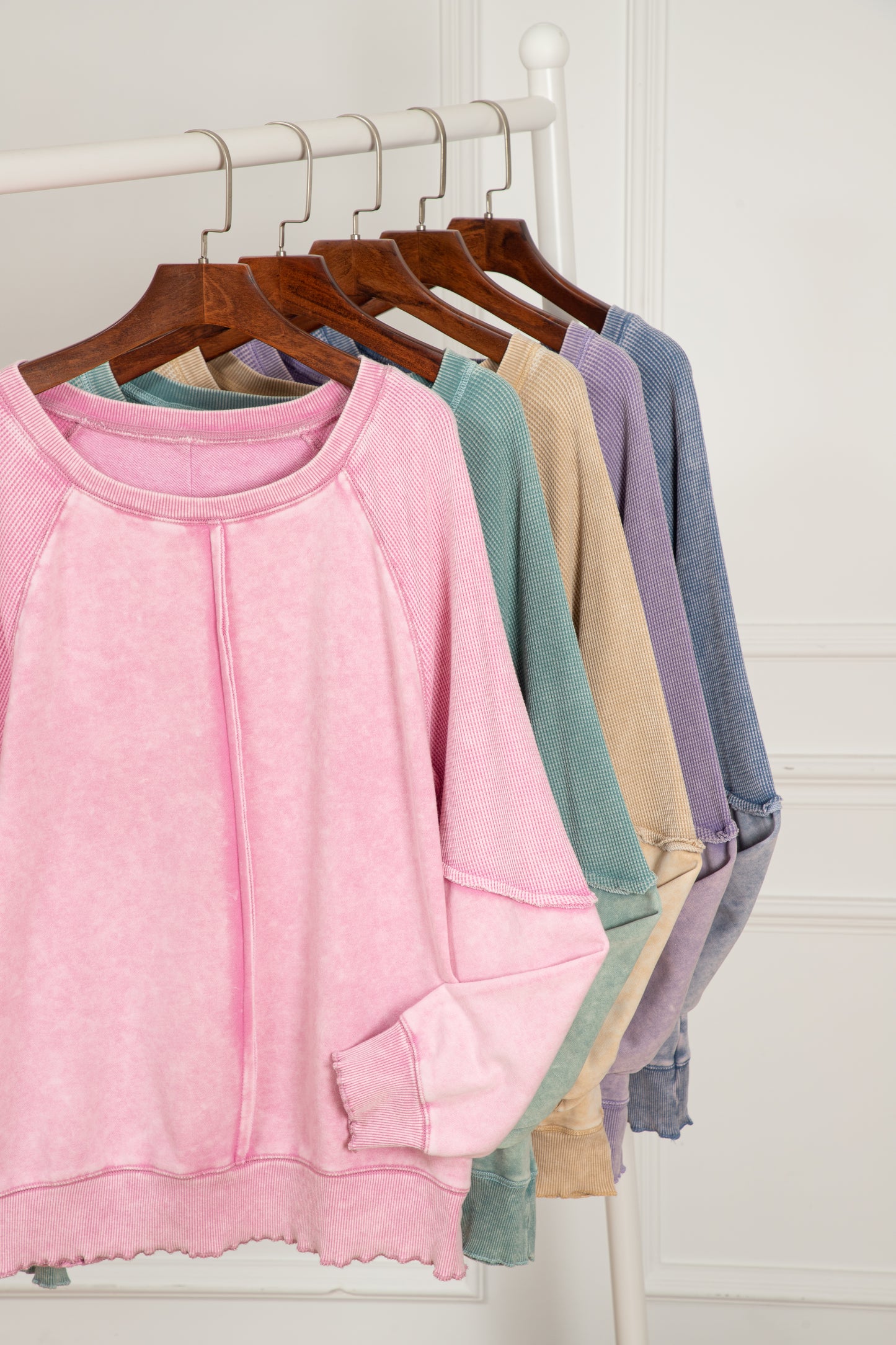 mineral blue solid waffle knit patchwork raglan sleeve sweatshirt