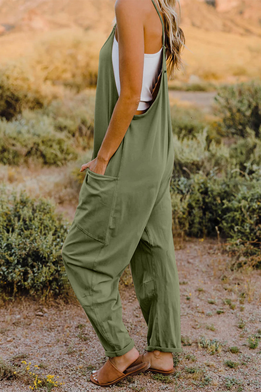 double take full size v-neck sleeveless jumpsuit with pockets