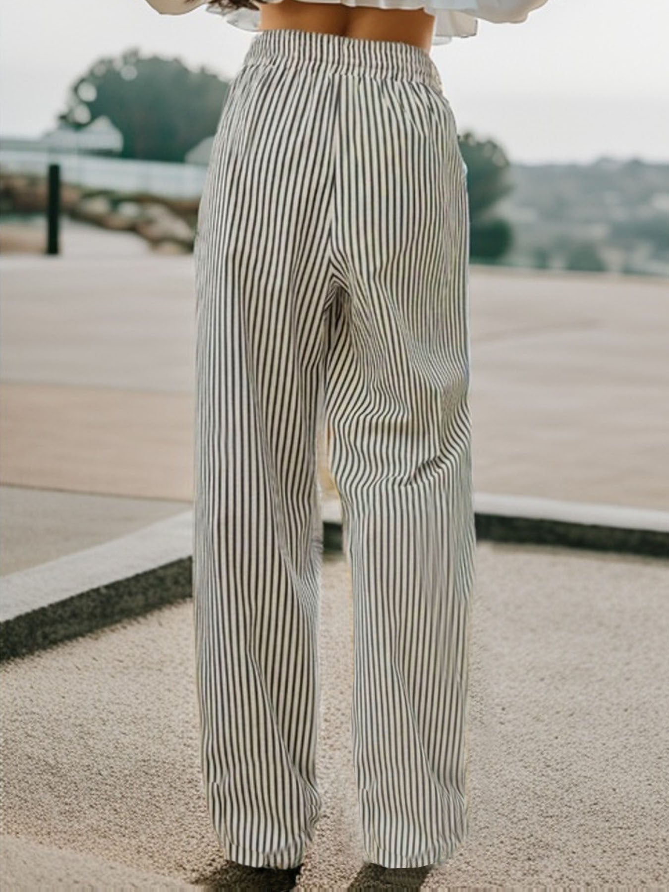 drawstring striped elastic waist pants
