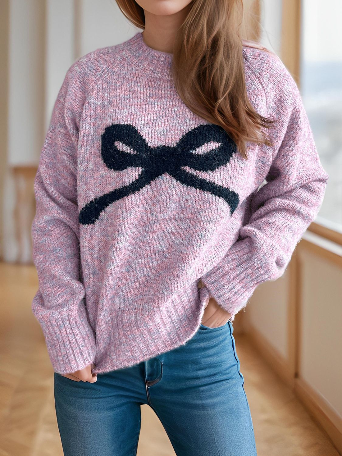 bow round neck long sleeve sweater