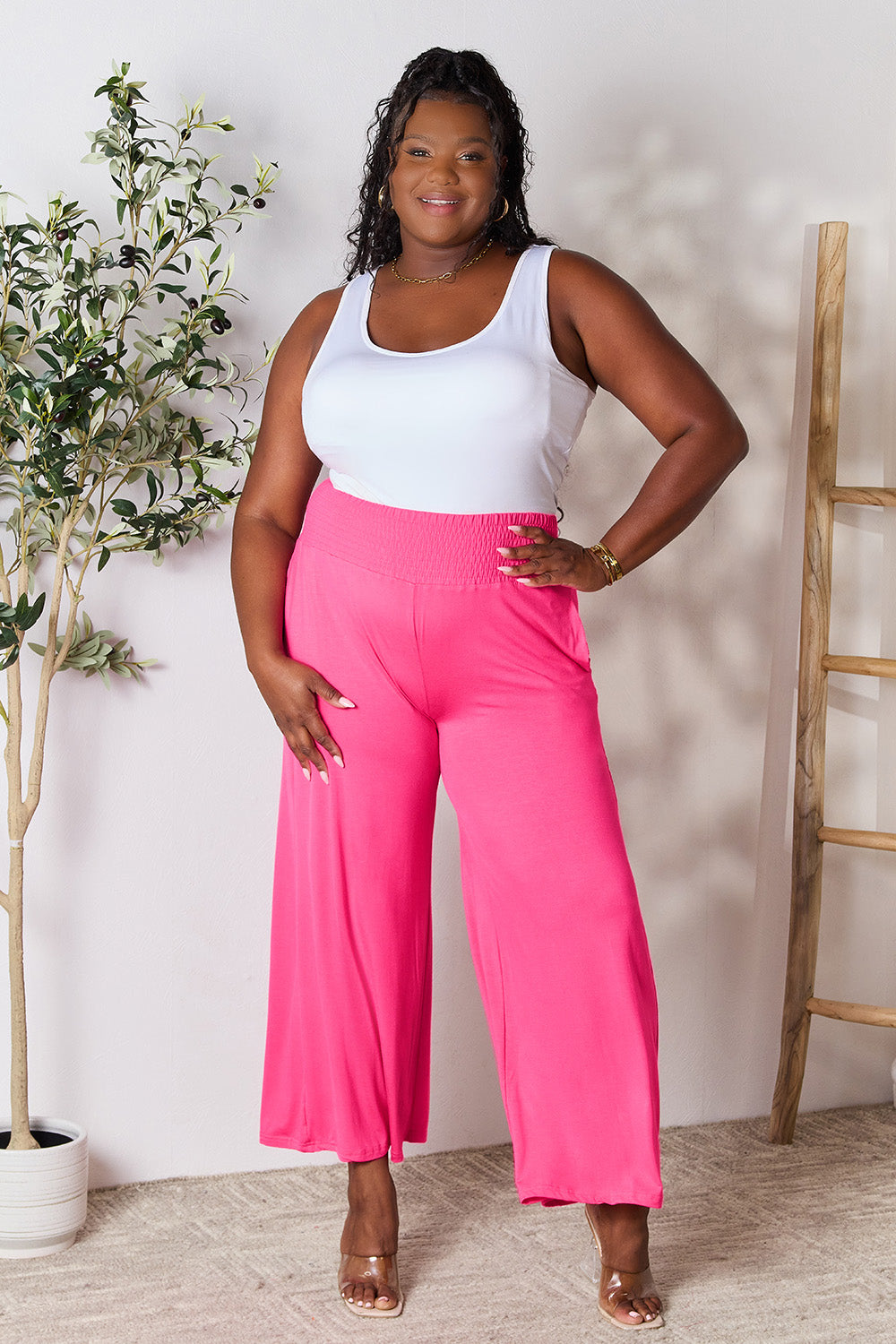 double take full size smocked wide waistband wide leg pants