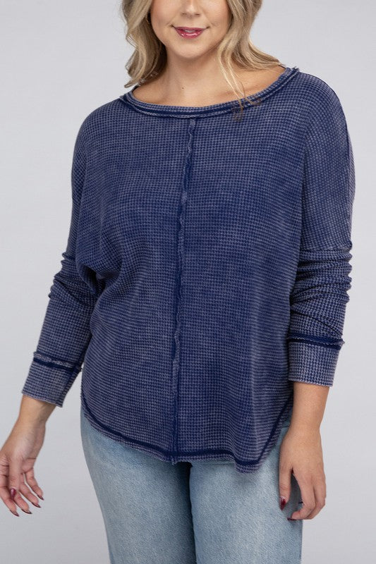plus washed baby waffle oversized long sleeve top
