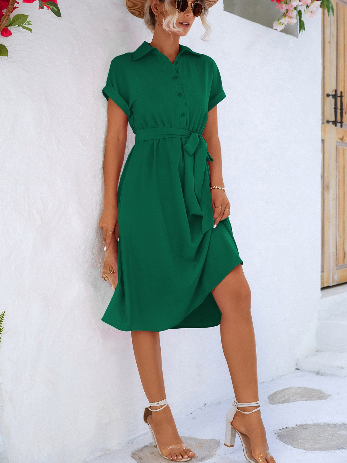 buttoned tie waist short sleeve dress