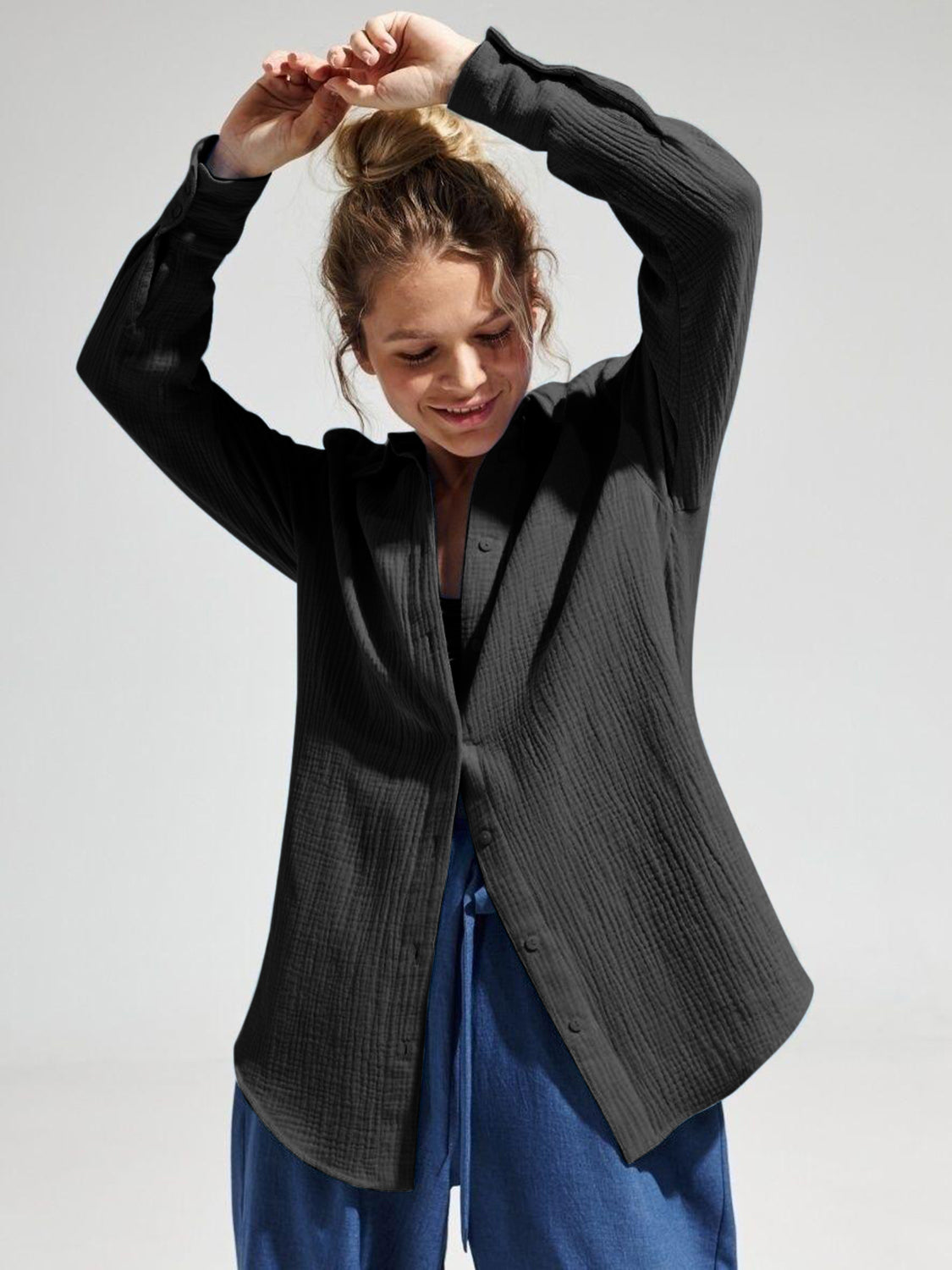 textured collared neck long sleeve shirt