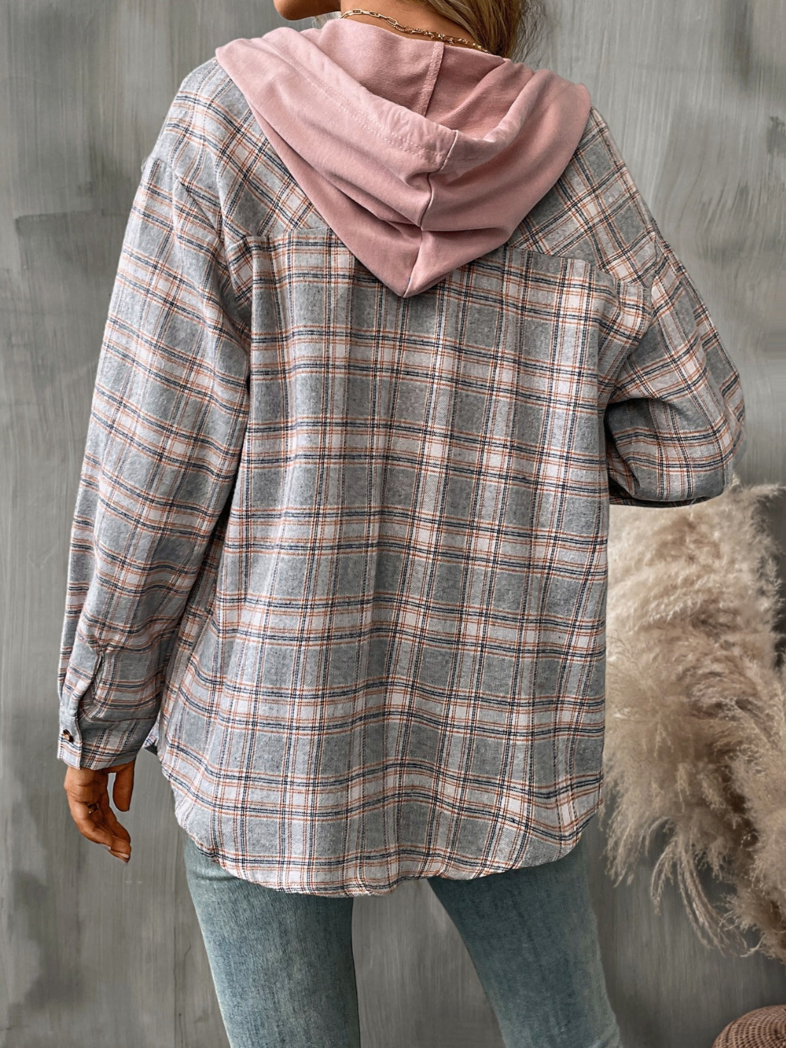 plaid long sleeve hooded jacket