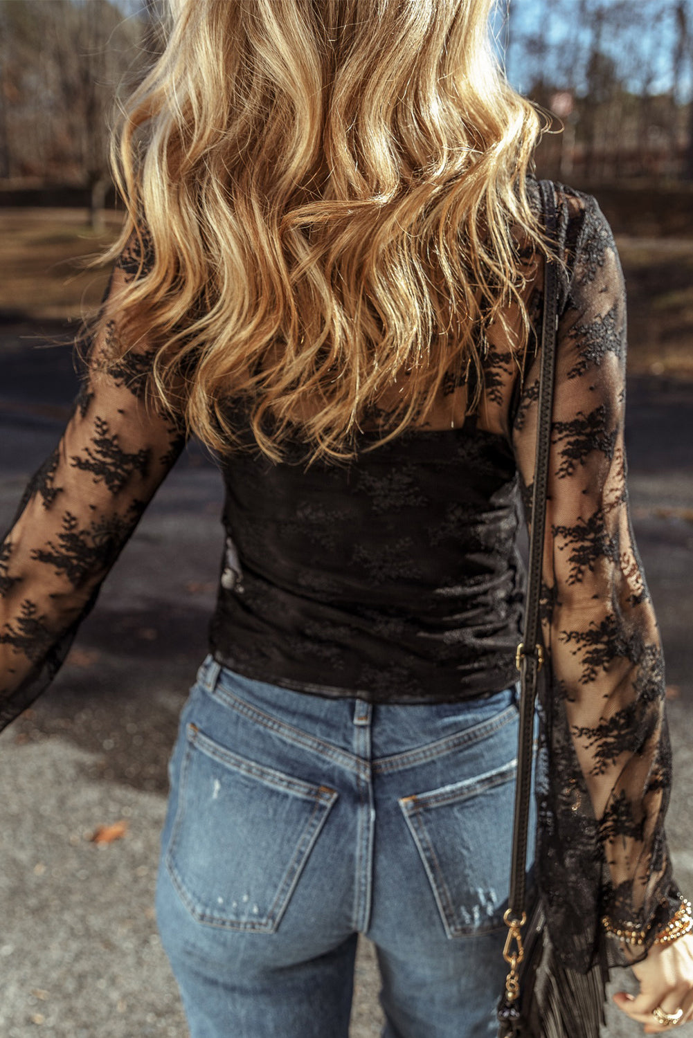 black lace mesh crochet splicing slim fit long sleeve blouse