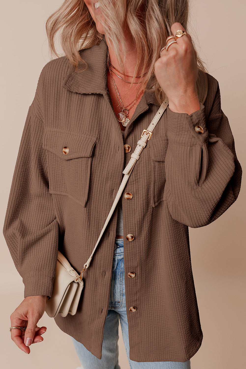chestnut corduroy flap pocket button up shacket