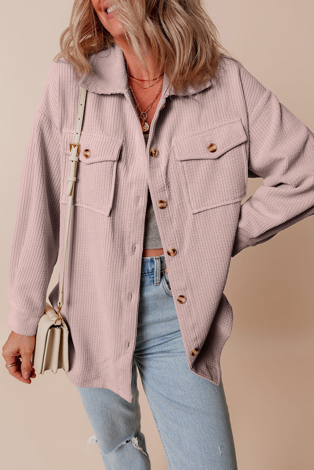 light pink corduroy flap pocket button up shacket