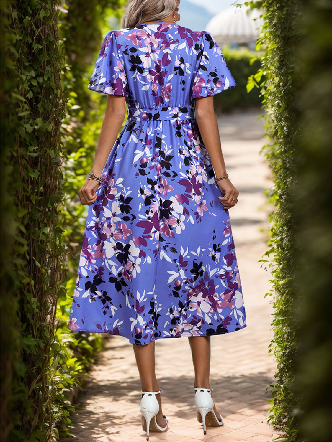high-low printed surplice short sleeve midi dress
