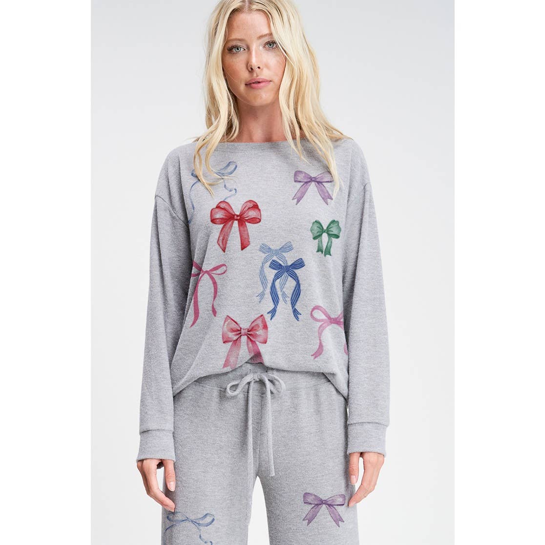 colorful bow allover print soft loungewear set