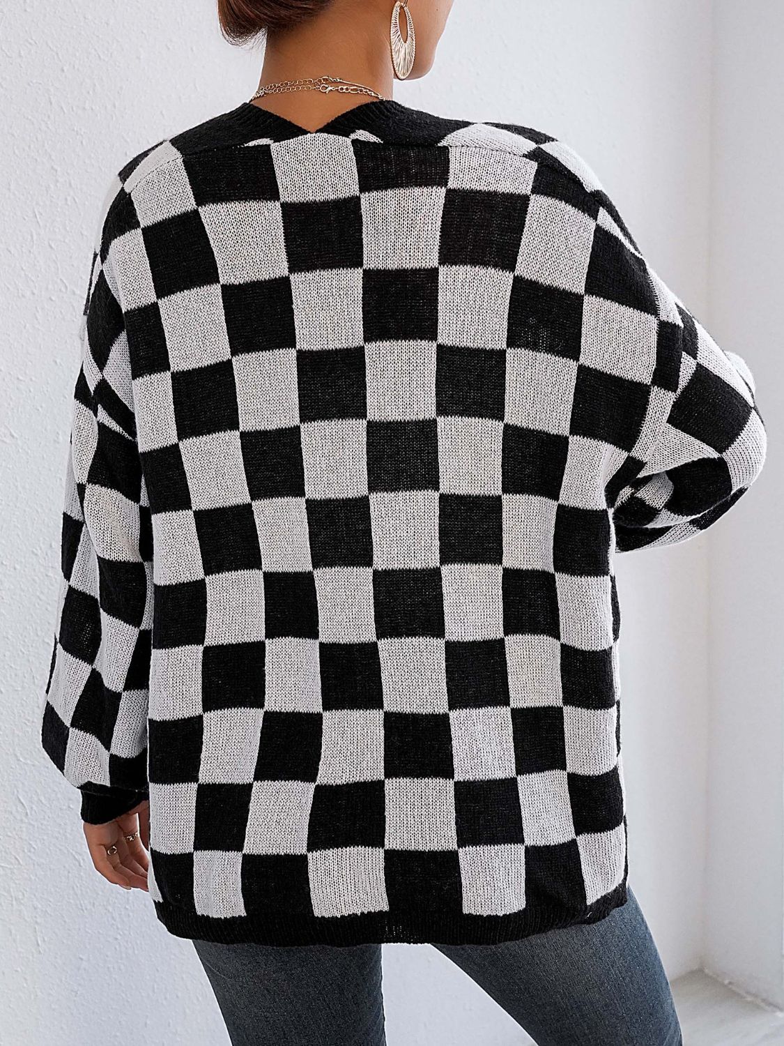 checkered open front long sleeve cardigan