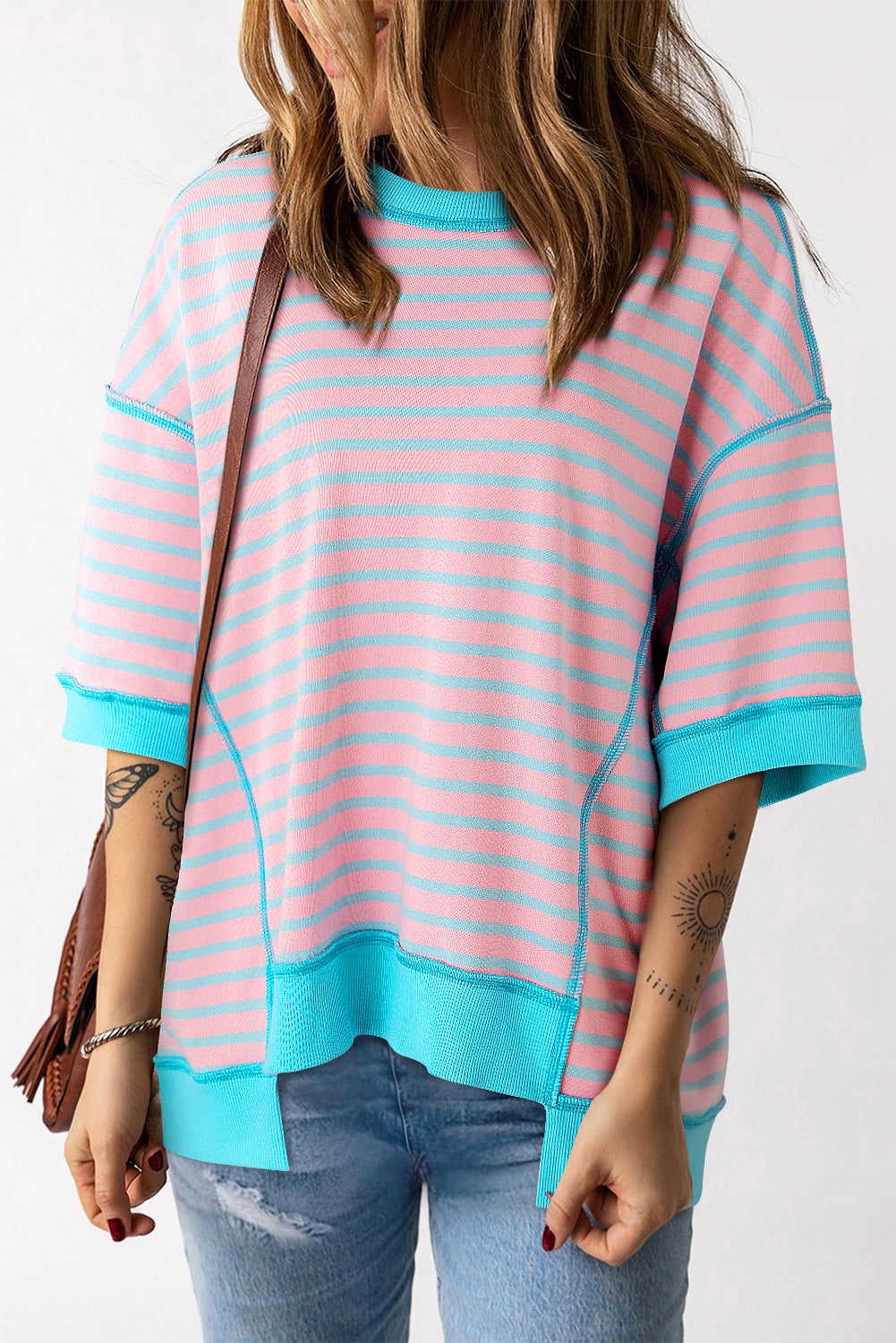 pink stripe oversized contrast trim exposed seam high low t shirt