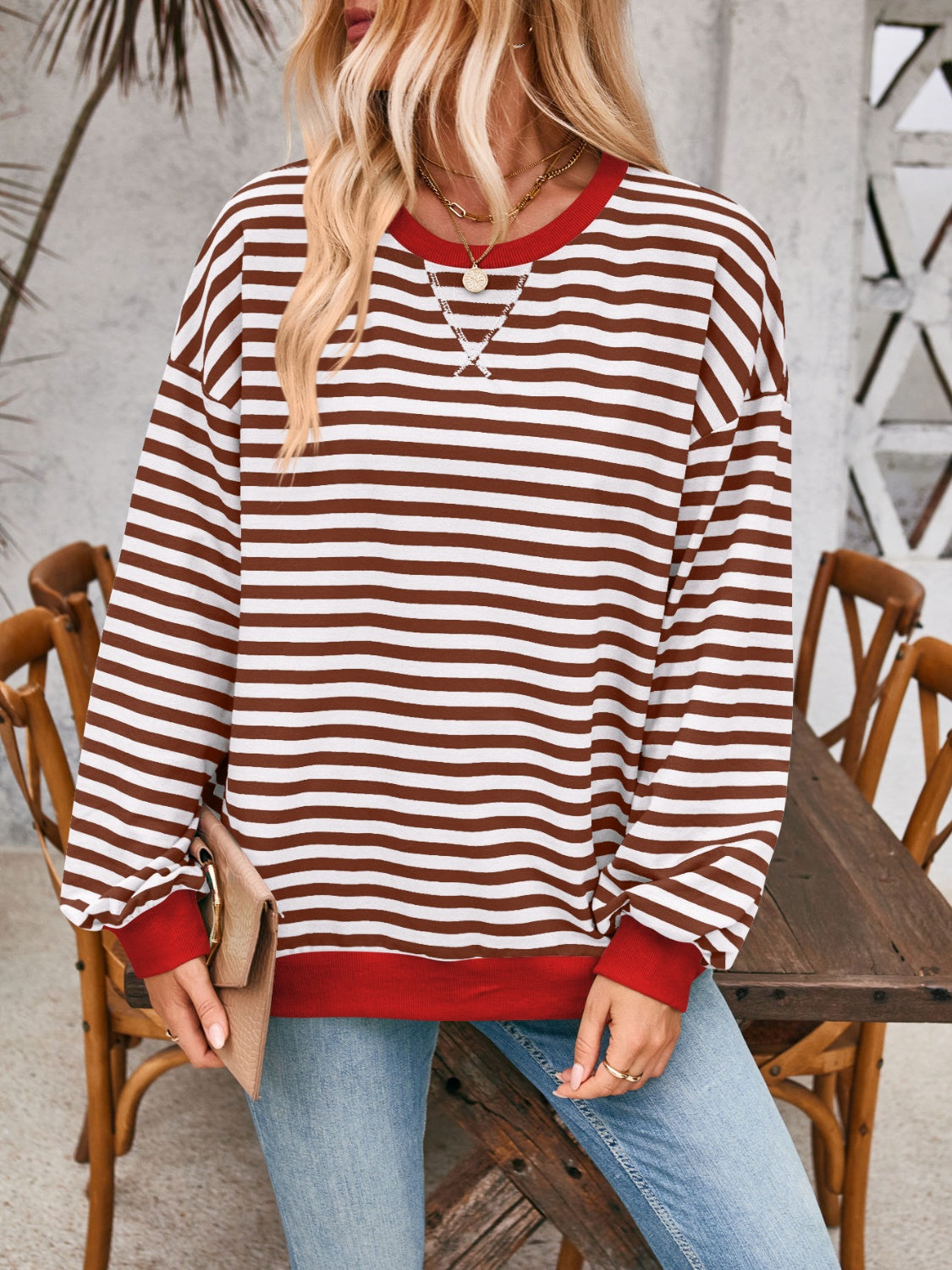 contrast striped long sleeve sweatshirt