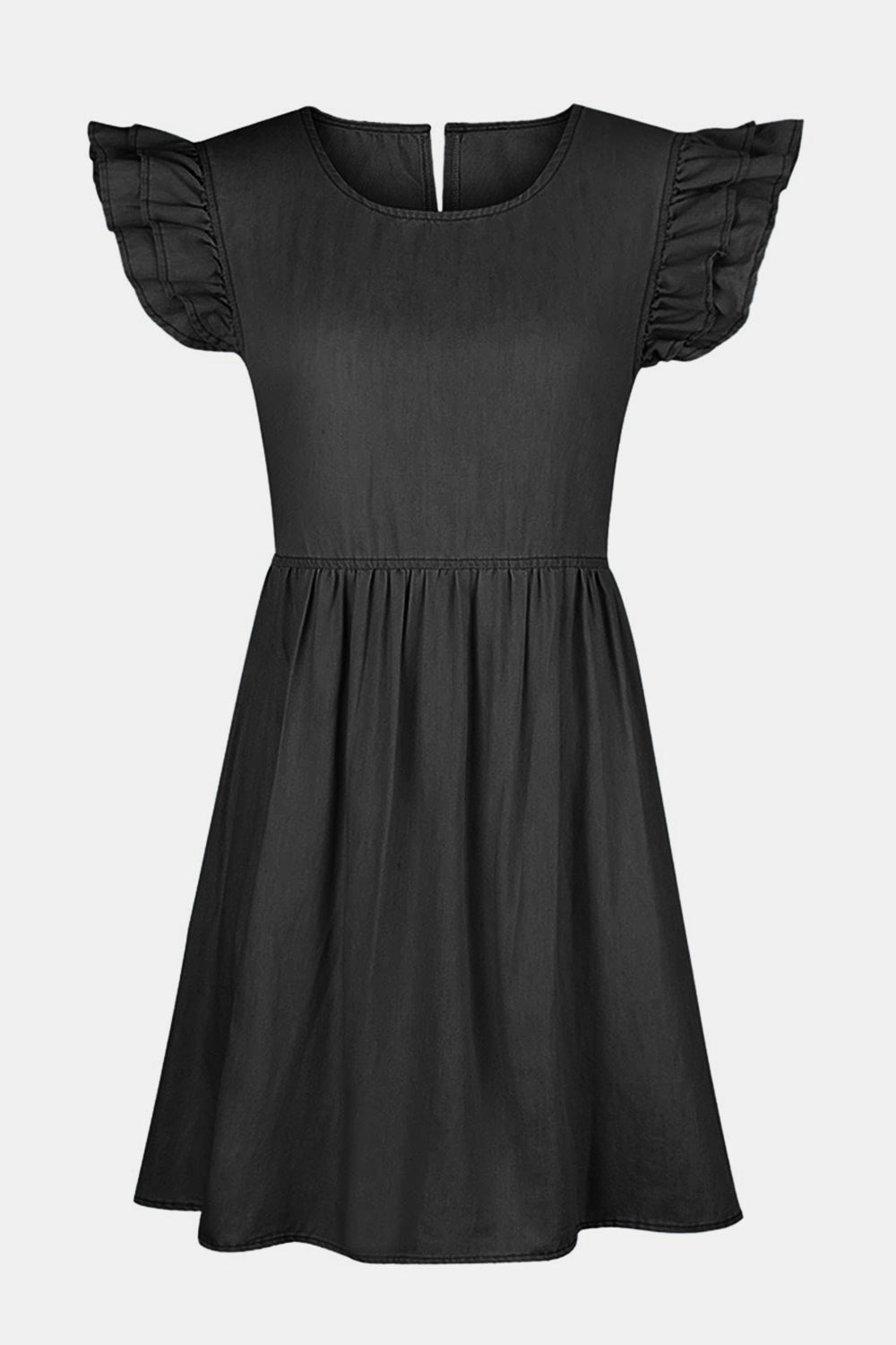 full size ruffled round neck cap sleeve denim dress