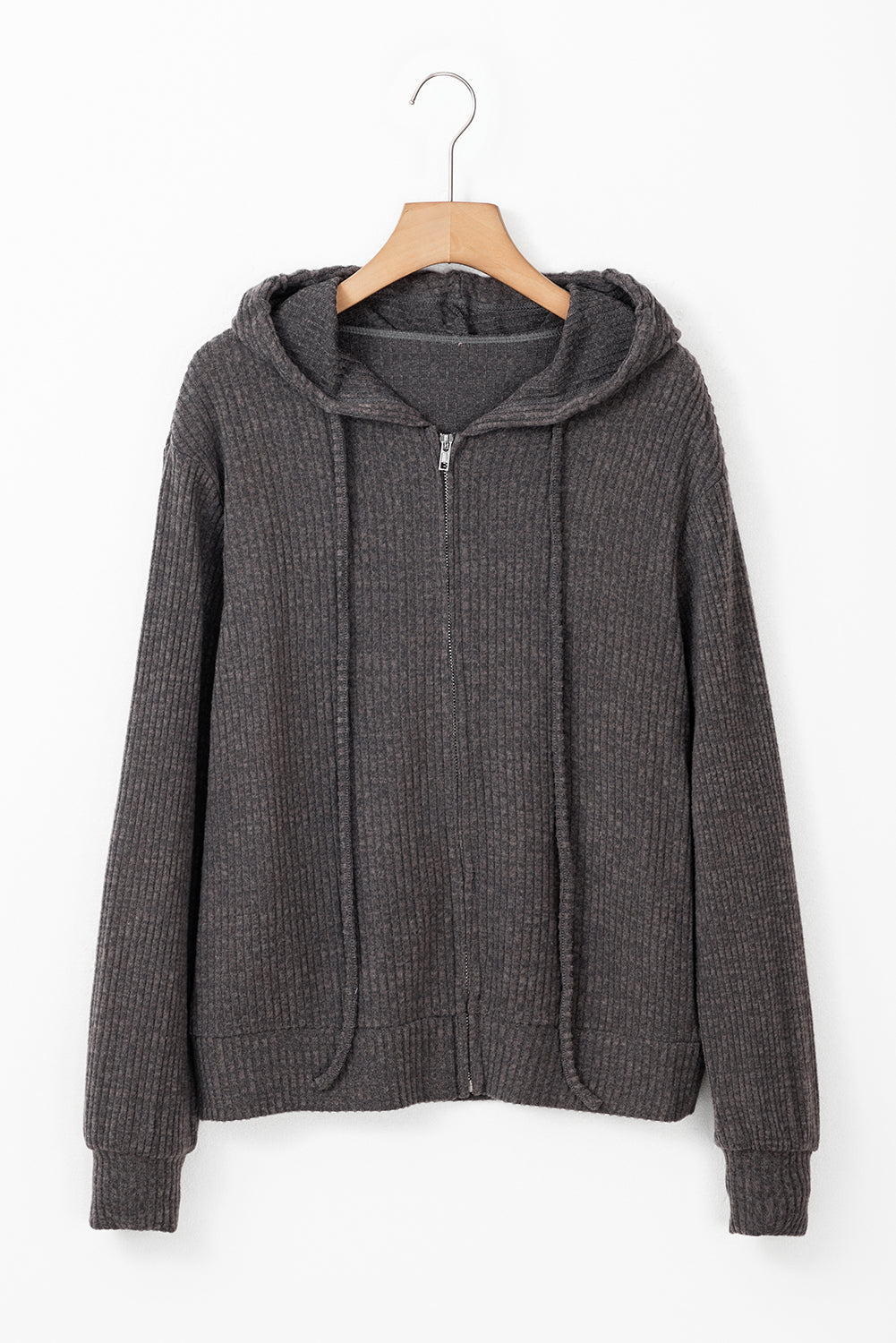 dark grey ribbed zip up front drawstring hoodie