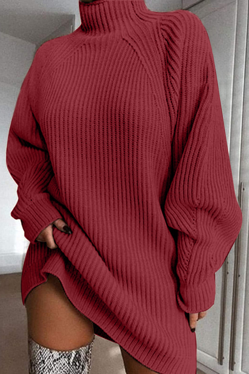 mock neck dropped shoulder sweater dress