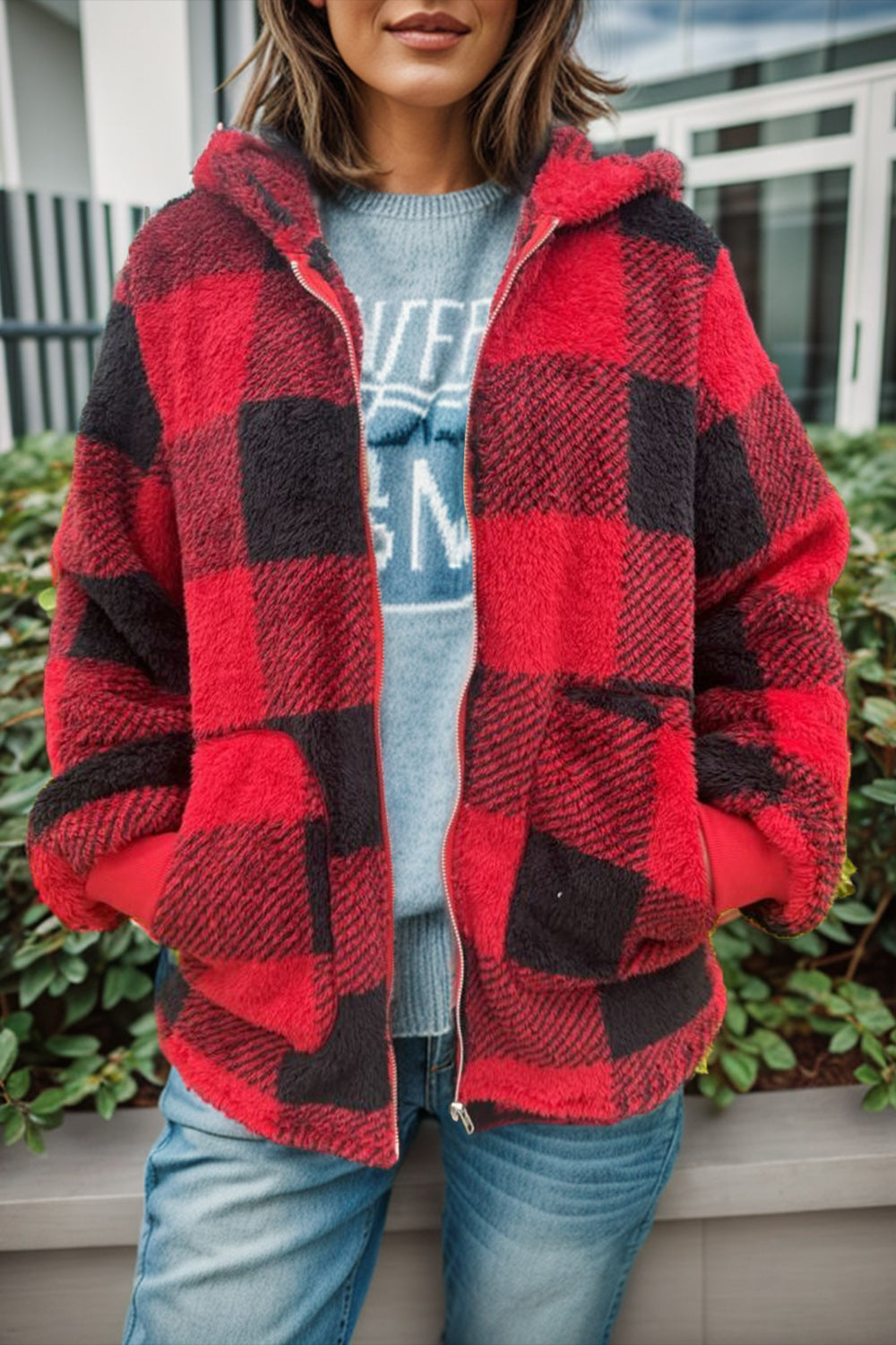 double take full size plaid long sleeve hooded coat