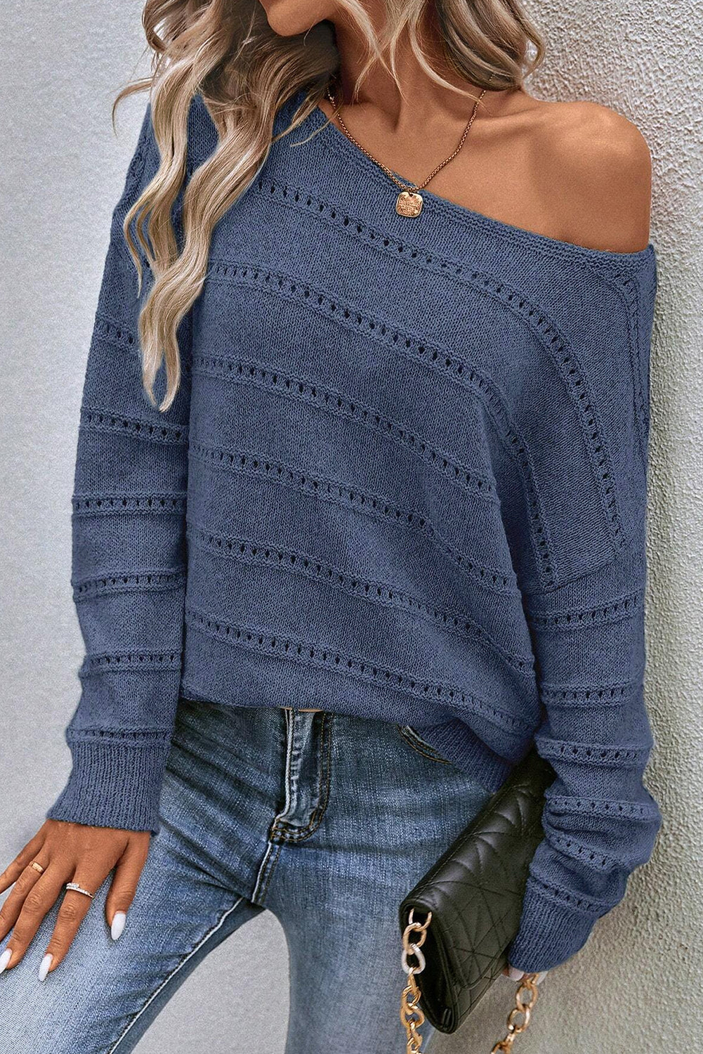 real teal boat neck drop shoulder pointelle knit sweater
