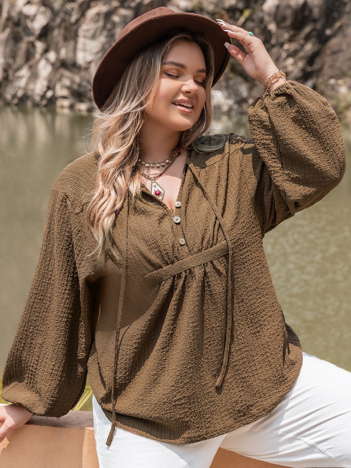 plus size tie neck long sleeve blouse