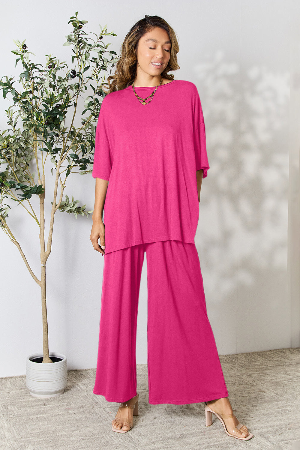 double take full size round neck slit top and pants set