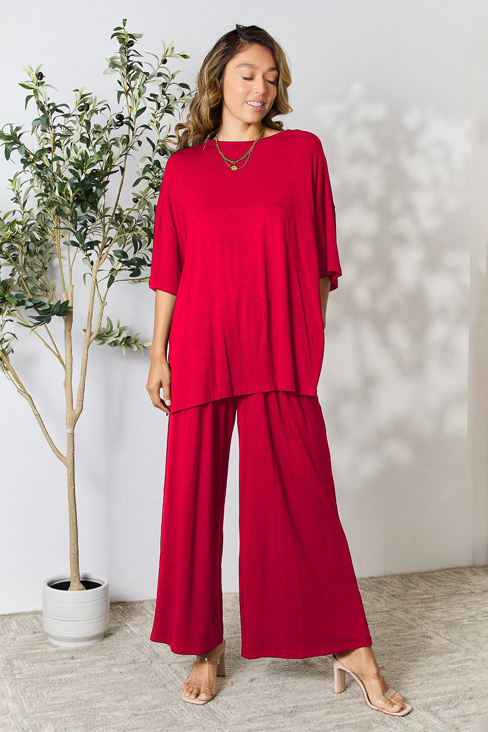 double take full size round neck slit top and pants set