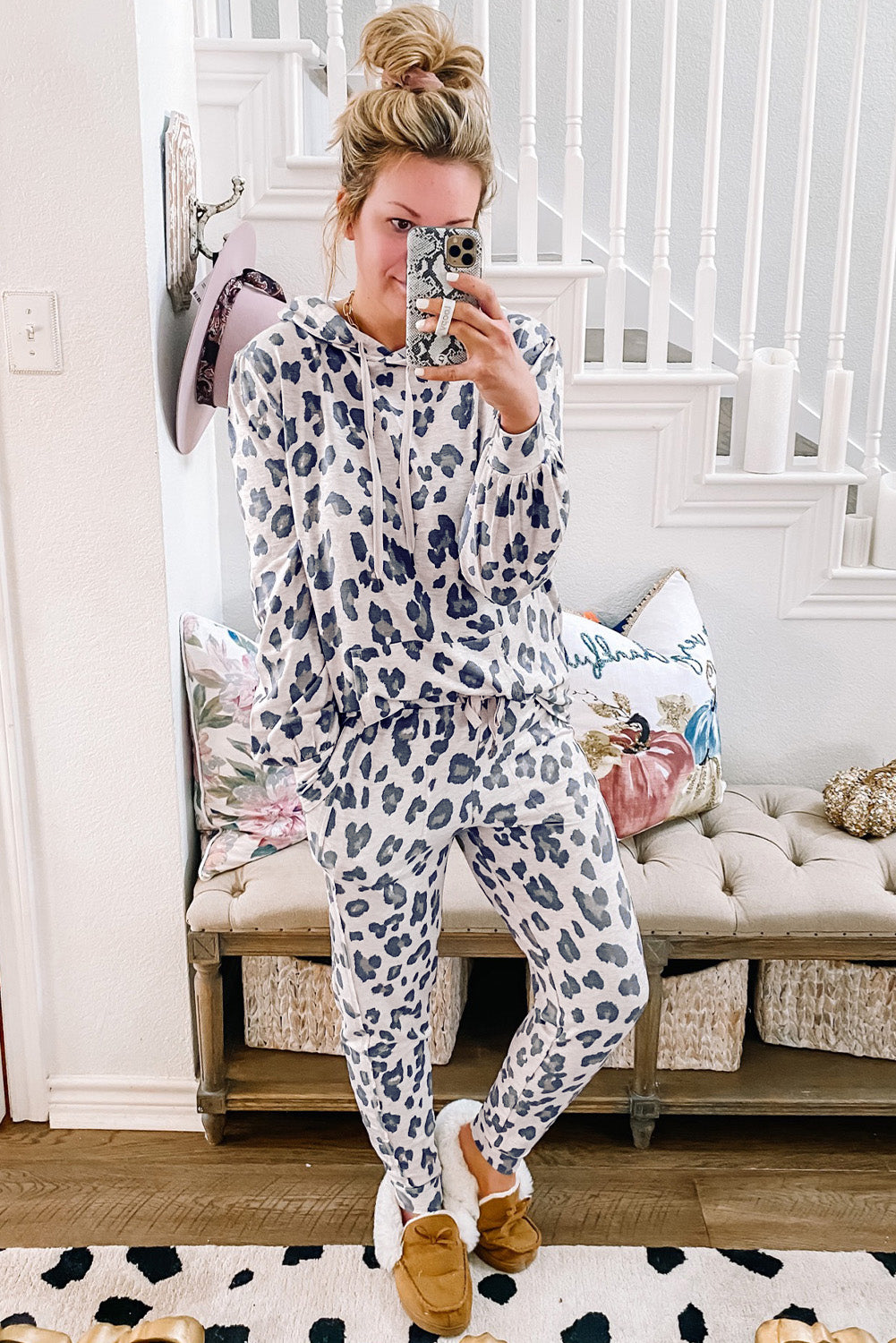 khaki leopard print drawstring hoodie and skinny pants lounge set