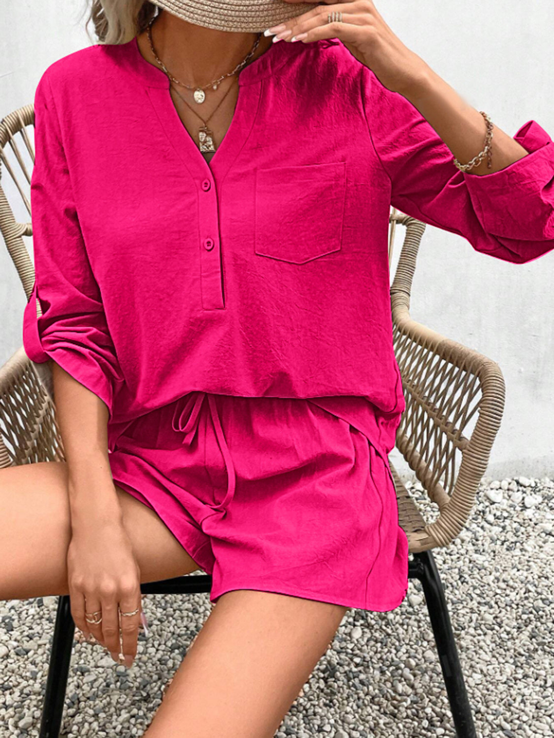 notched long sleeve top and shorts set